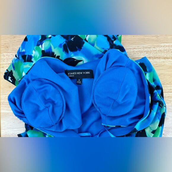 Jones New York Abstract Cap Sleeve V Neck‎ Empire Waist Dress Blue Green Size 8 - Picture 4 of 9